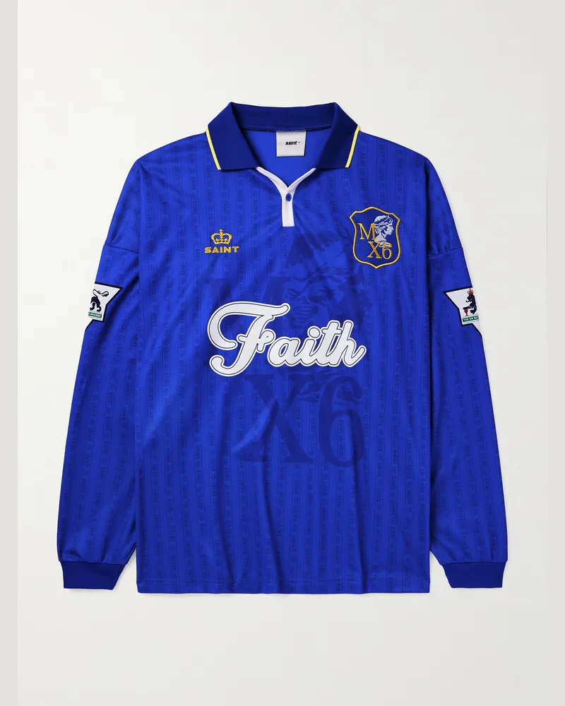 SAINT MXXXXXX Logo-Embroidered Printed Appliquéd Mesh Polo Shirt Blue