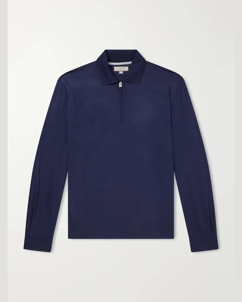 Canali Wool-Jersey Half-Zip Polo Shirt Blue