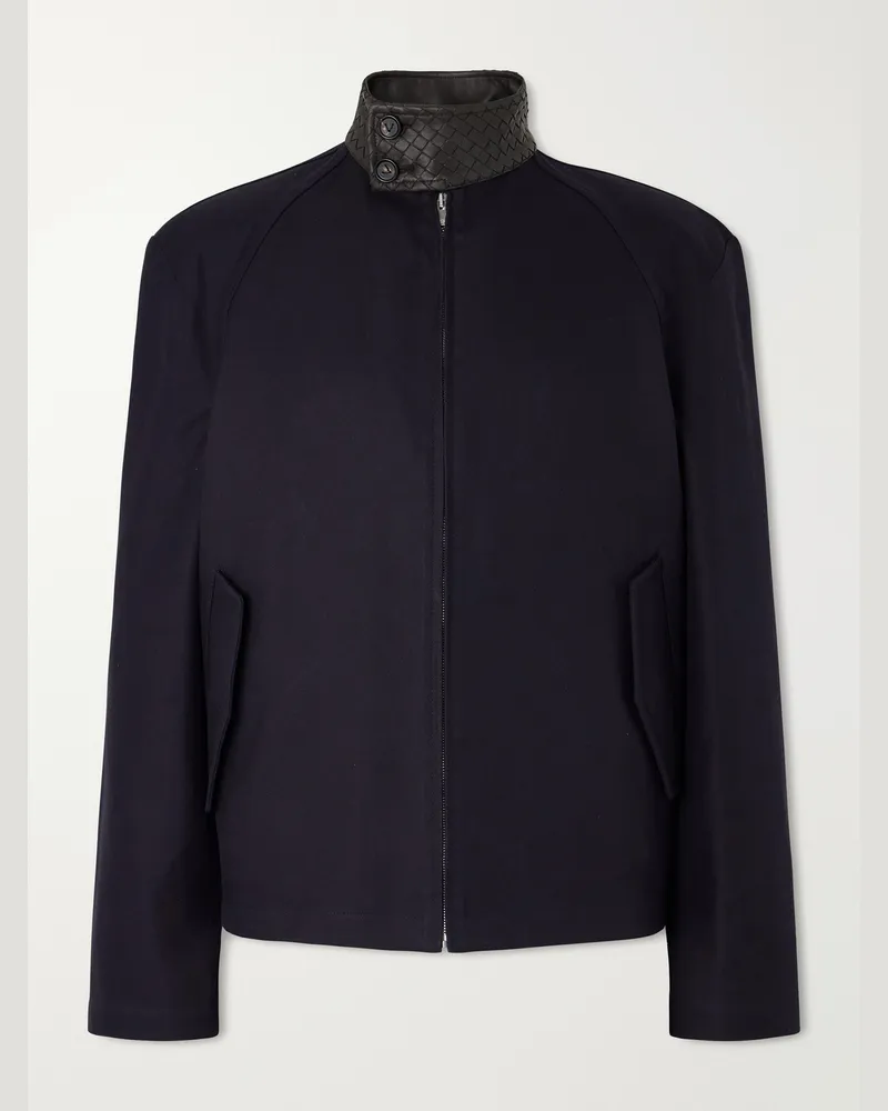 Bottega Veneta Leather-Trimmed Cotton-Gabardine Blouson Jacket Blue