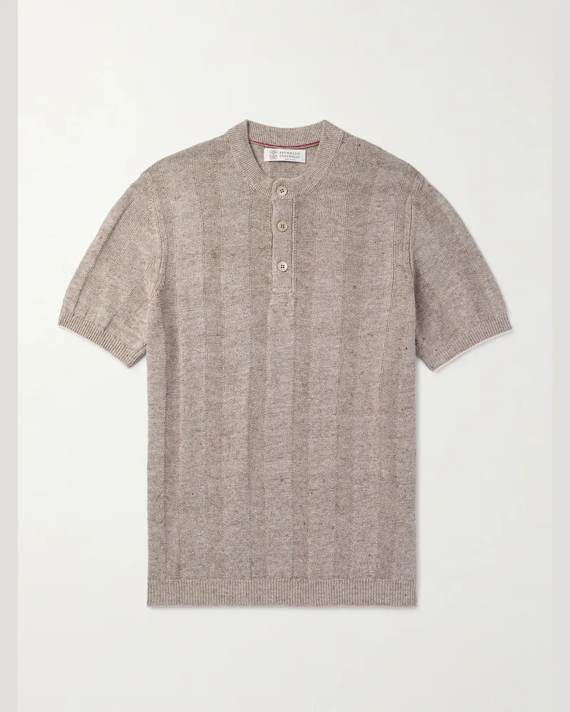 Brunello Cucinelli Henley Shirt aus einer Leinen-Baumwollmischung mit Streifen Braun