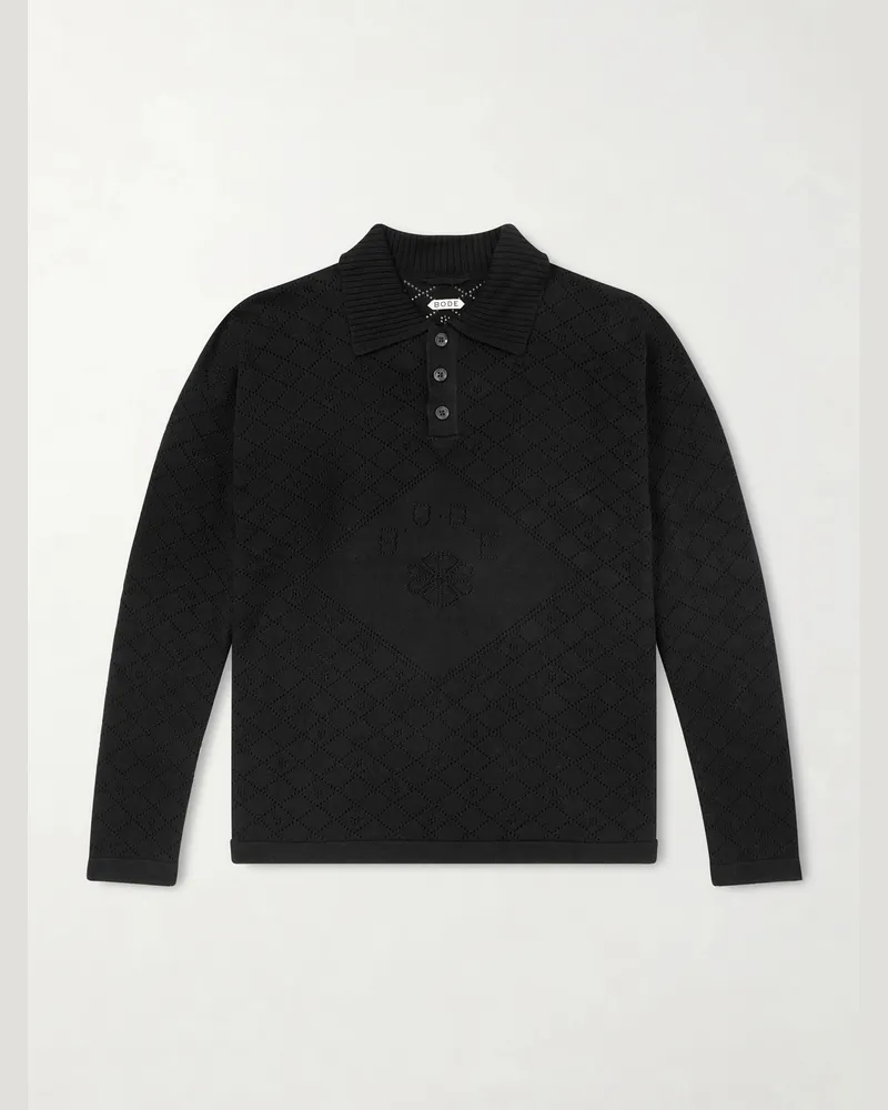 BODE Anisette Pointelle-Knit Cotton Polo Shirt Black