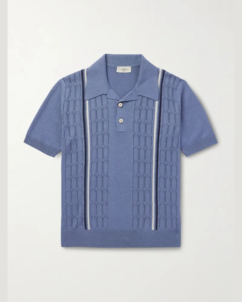 PIACENZA 1733 Slim-Fit Striped Pointelle-Knit Silk and Cotton-Blend Polo Shirt Blue