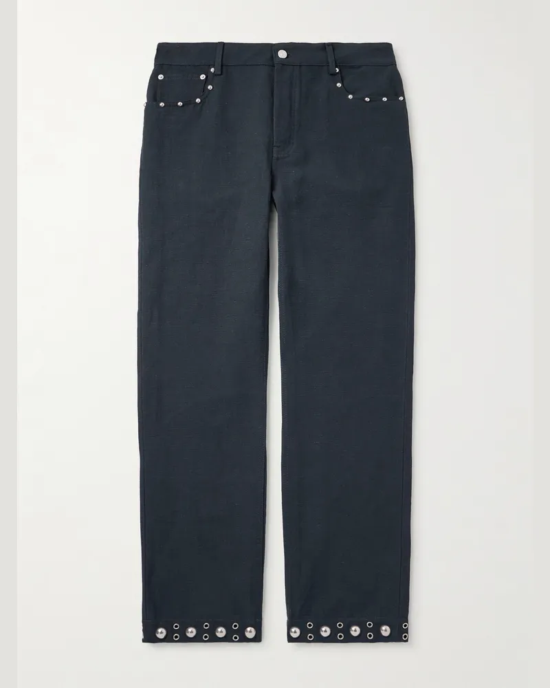Valentino Garavani Straight-Leg Embellished Linen and Cotton-Blend Trousers Blue