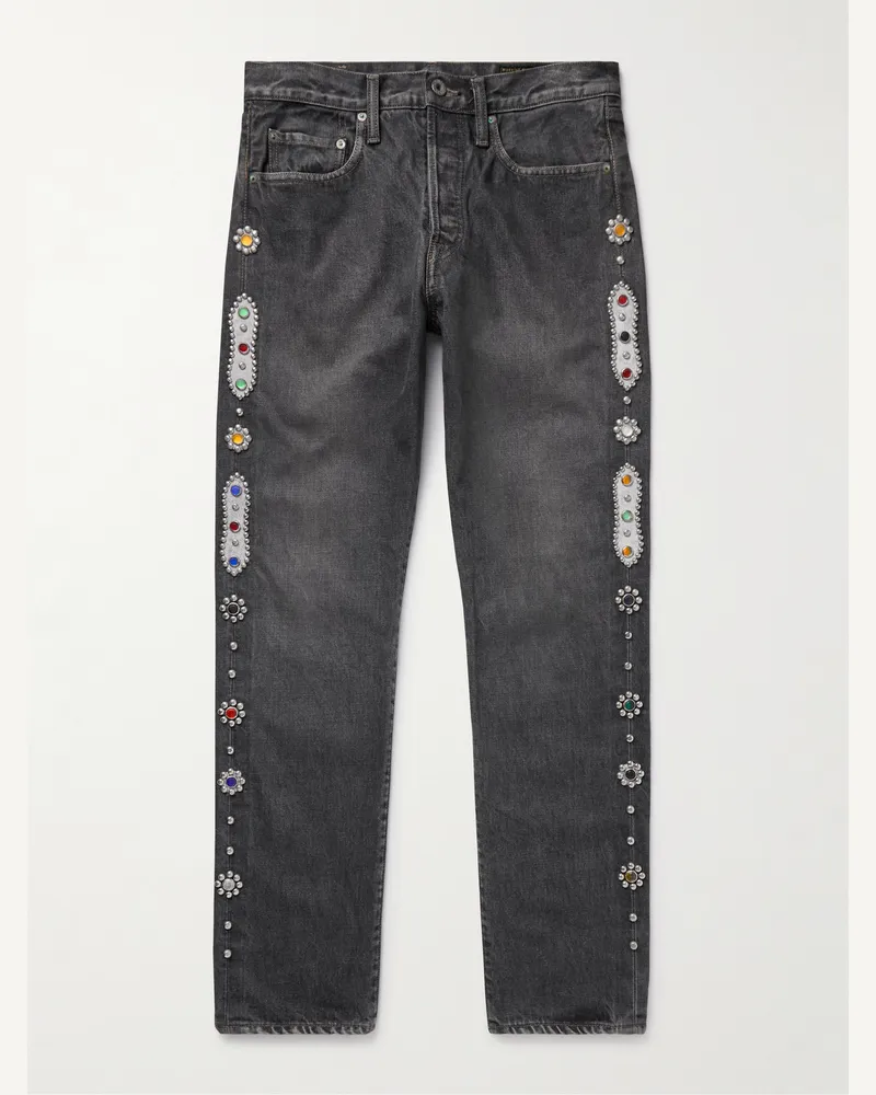 KAPITAL Monkey CISCO gerade geschnittene Jeans mit Lederbesatz und Verzierungen Grau