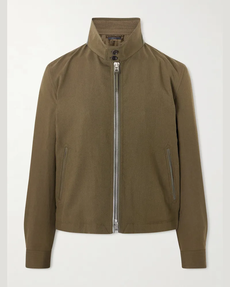 Tom Ford Leather-Trimmed Virgin Wool, Cashmere and Silk-Blend Canvas Jacket Green