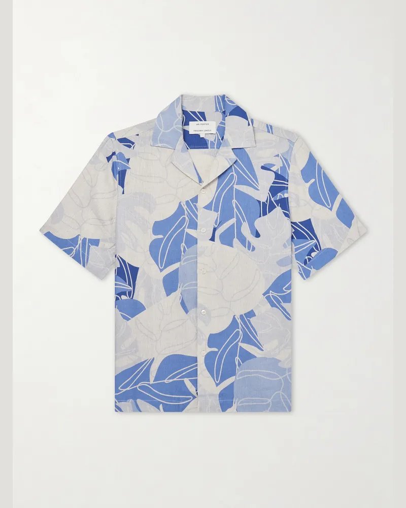 Frescobol Carioca Roberto Camp-Collar Printed Linen Shirt Blue