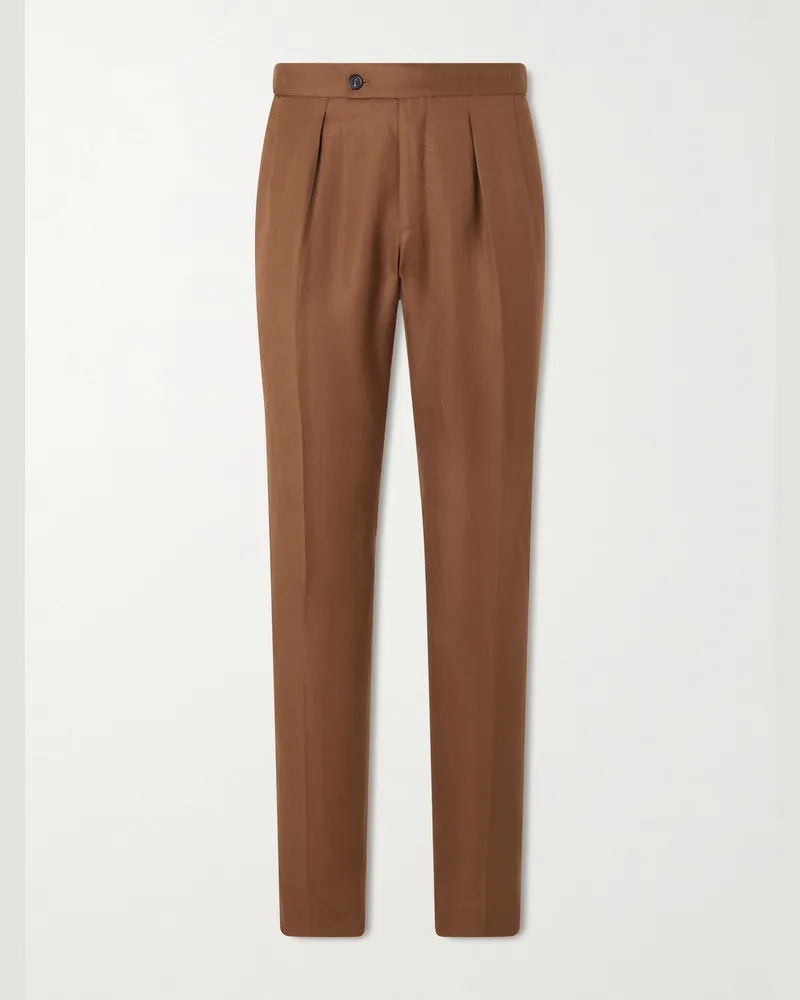 Slowear Tapered Pleated Wool and Linen-Blend Trousers Brown