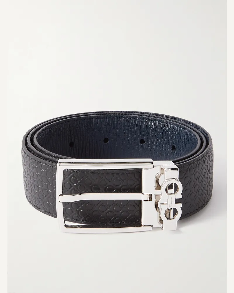 Ferragamo 3.5cm Reversible Debossed Leather Belt Blue