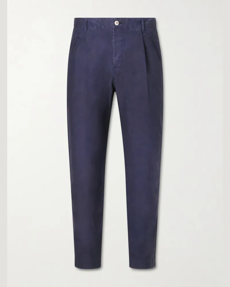 Folk Assembly Slim-Fit Pleated Cotton-Twill Trousers Blue