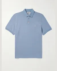 Brunello Cucinelli Polohemd aus Baumwoll-Piqué mit Logoprint Blau