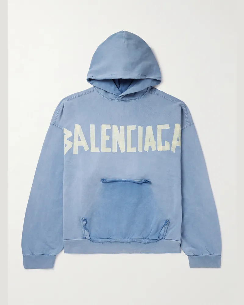 Balenciaga Oversized Distressed Logo-Print Cotton-Jersey Hoodie Blue