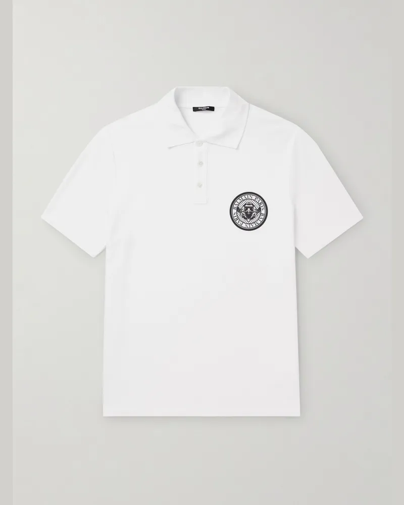 Balmain Polohemd aus Baumwoll-Piqué mit Logoprint Weiß