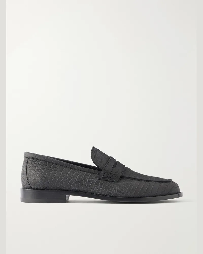 Manolo Blahnik Perry Croc-Effect Nubuck Loafers Black