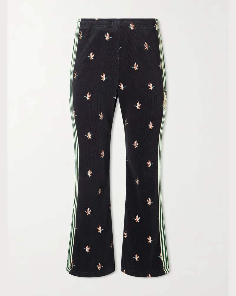 KAPITAL Cropped Flared Webbing-Trimmed Embroidered Cotton-Blend Corduroy Sweatpants Black