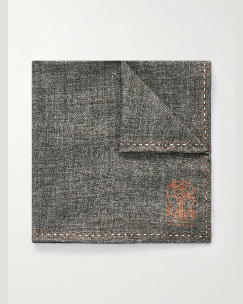 Brunello Cucinelli Logo-Print Silk Pocket Square Gray