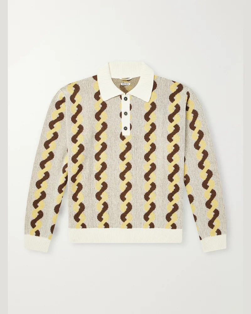 BODE Lasso Jacquard-Knit Cotton, Alpaca and Merino Wool-Blend Polo Sweater Neutrals