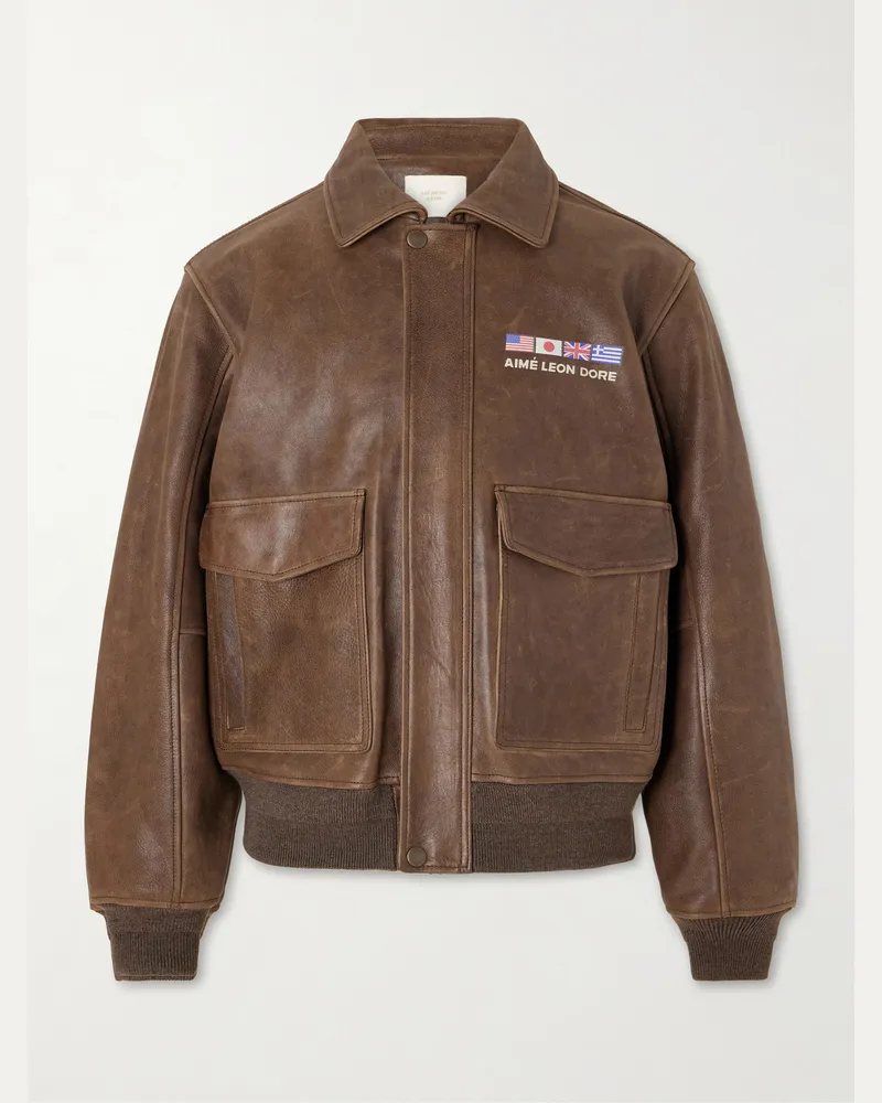 Aimé Leon Dore World's Borough Logo-Print Leather Jacket Brown