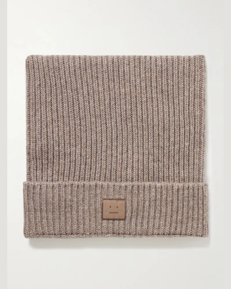 Acne Studios Kua Beanie aus einer Woll-Yawollmischung in Rippstrick mit Logoapplikation Braun