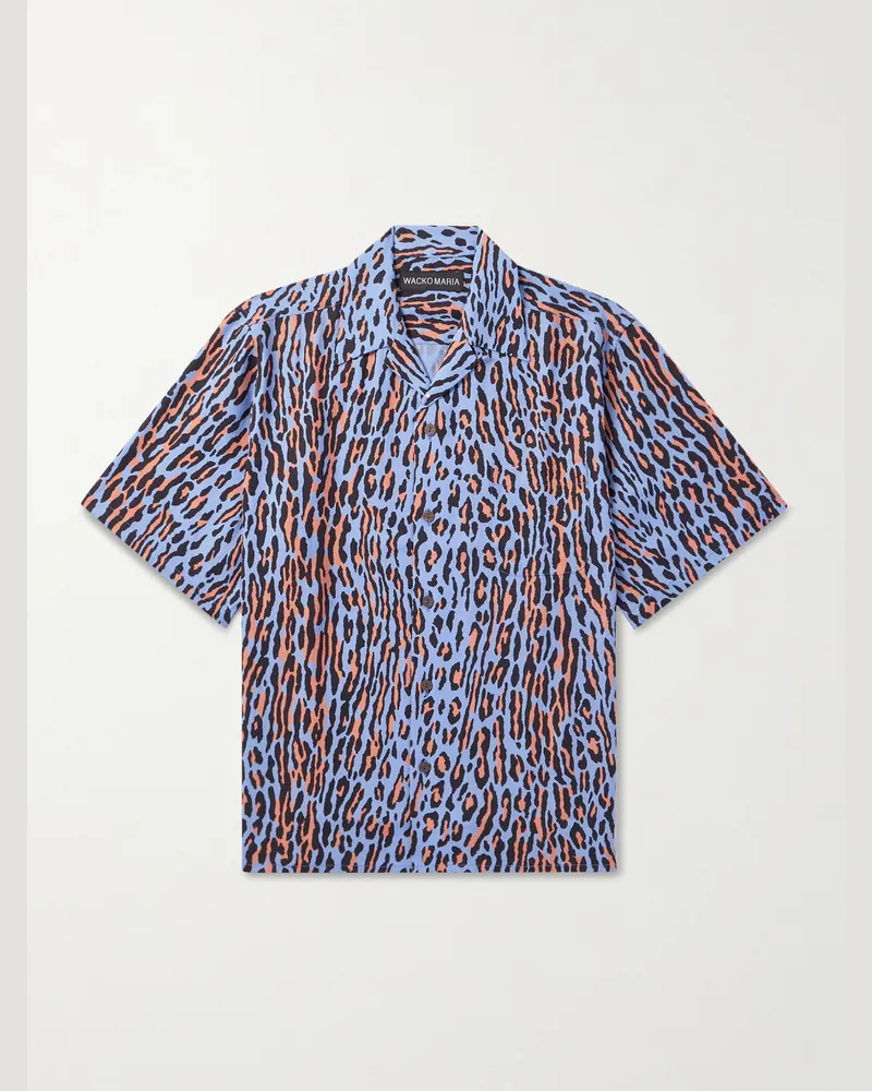 Wacko Maria Hemd aus Lyocell mit Leopardenprint und wandelbarem Kragen Blau