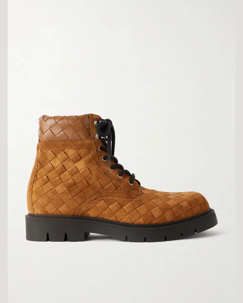 Bottega Veneta Haddock Intrecciato Suede Boots Brown