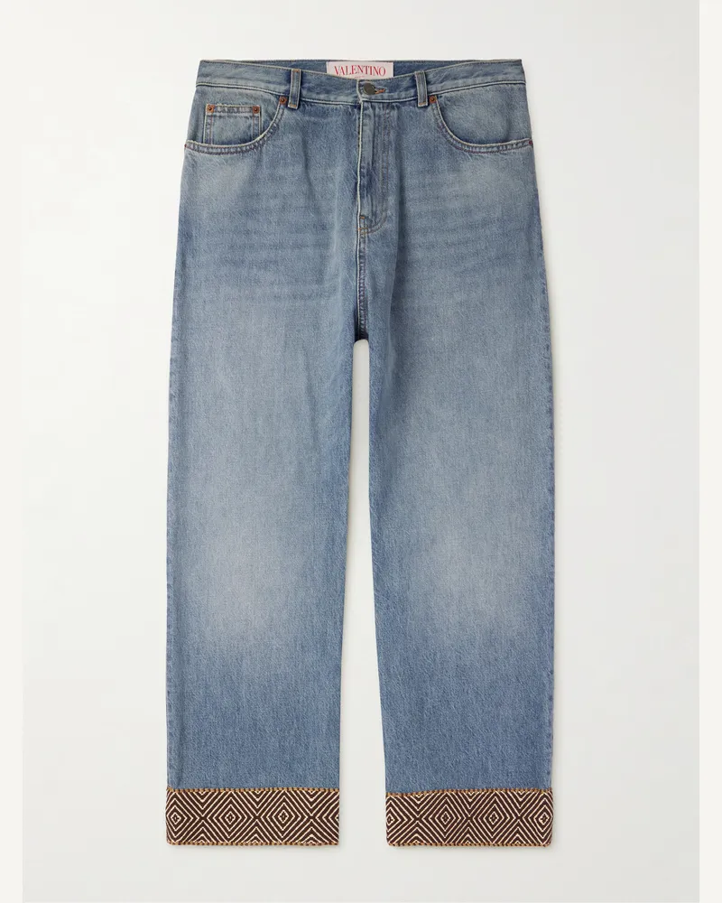 Valentino Garavani Gerade geschnittene verkürzte Jeans mit Logoapplikation und Jacquard-Besatz Blau