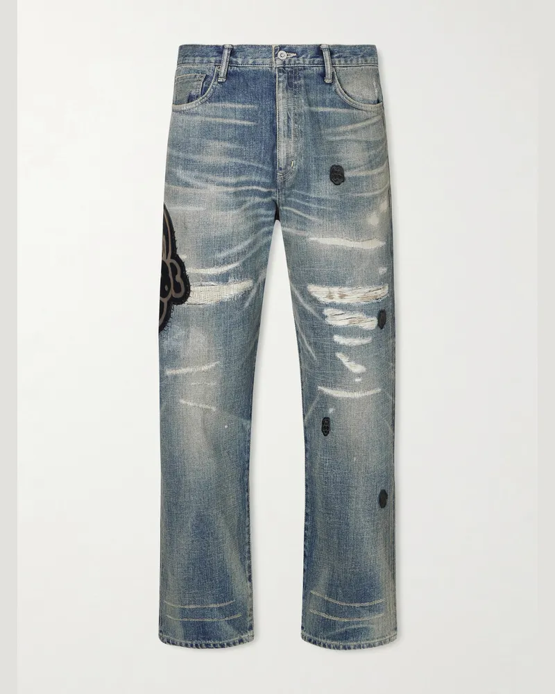 Neighborhood Chito Savage Appliquéd Distressed Straight-Leg Jeans Blue