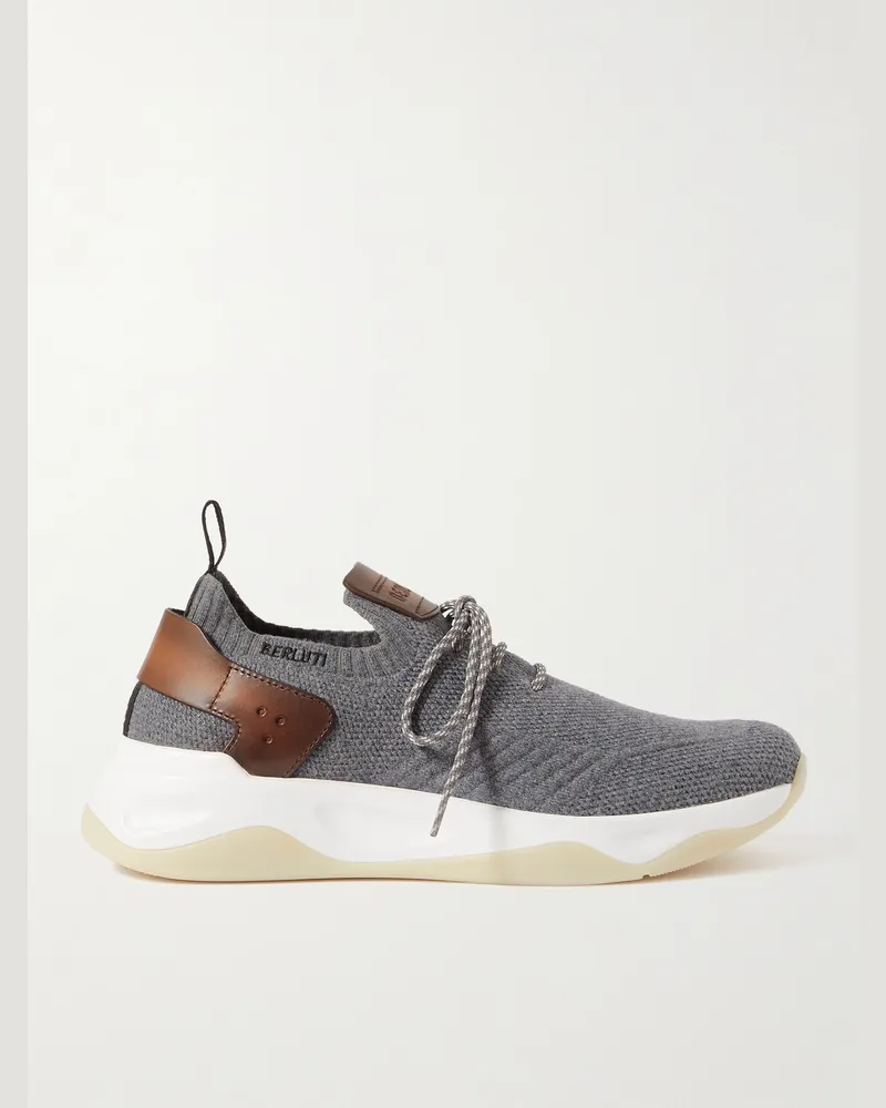 Berluti Shadow Venezia Leather-Trimmed Stretch-Knit Sneakers Gray