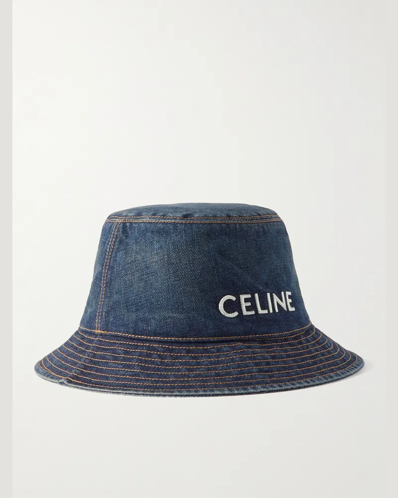 Celine Fischerhut aus Denim mit Logostickerei Blau
