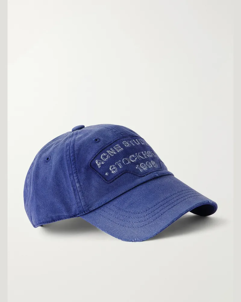 Acne Studios Logo-Printed Distressed Cotton-Twill Baseball Cap Blue