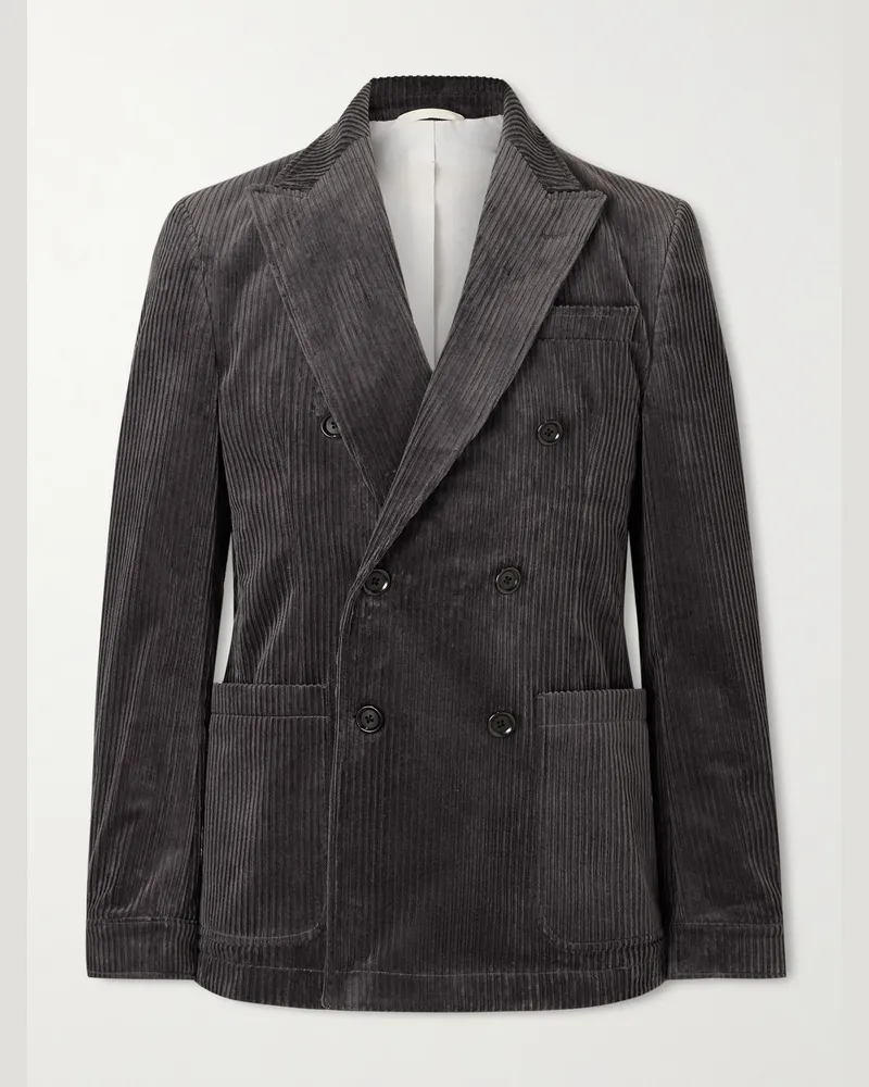Oliver Spencer Double-Breasted Cotton-Blend Corduroy Suit Jacket Gray