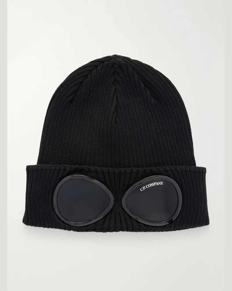 C.P. Company Goggle Ribbed Cotton Beanie Black