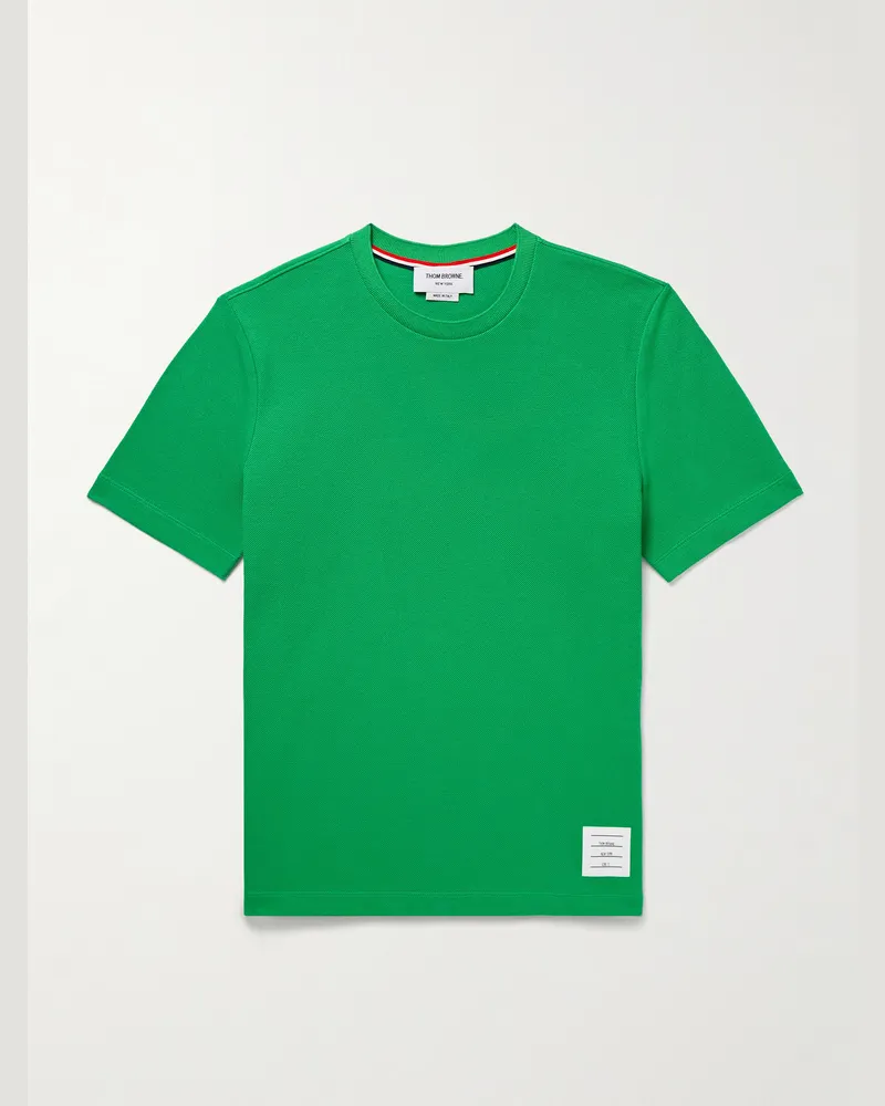 Thom Browne T-Shirt aus Baumwoll-Piqué mit Logoapplikation und Streifen Grün