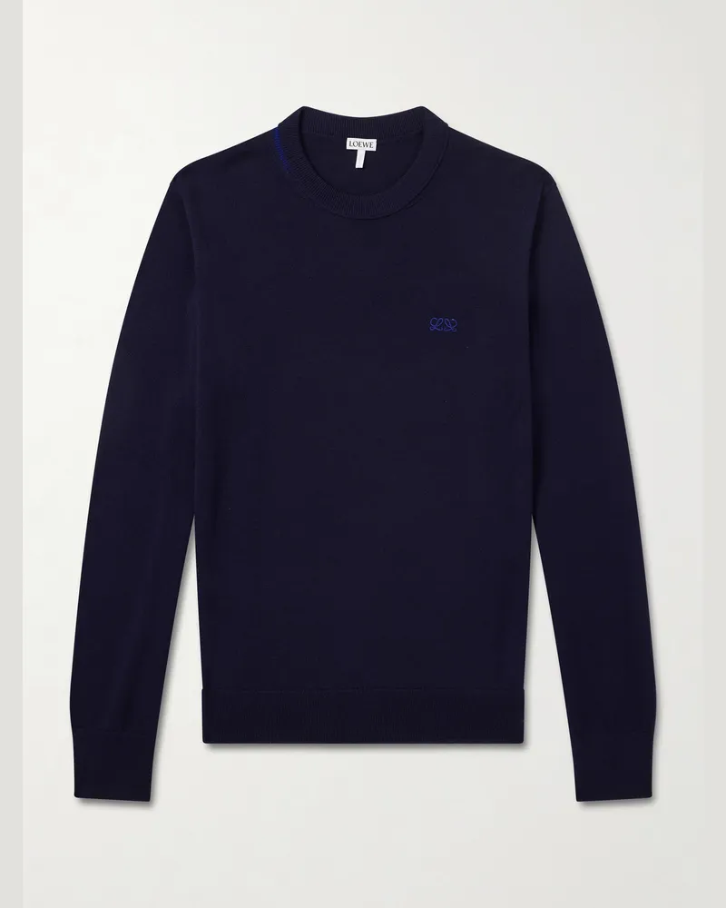 Loewe Anagram-Embroidered Wool-Blend Sweater Blue