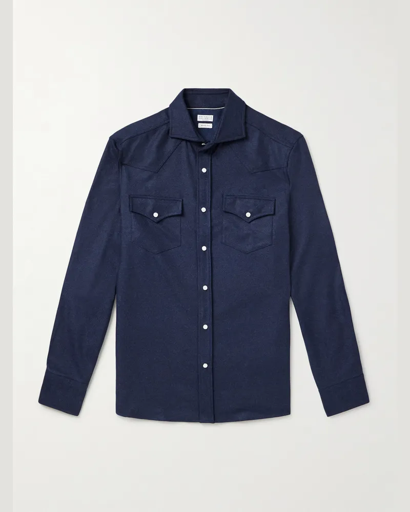 Brunello Cucinelli Western-Hemd aus Schurwollflanell Blau