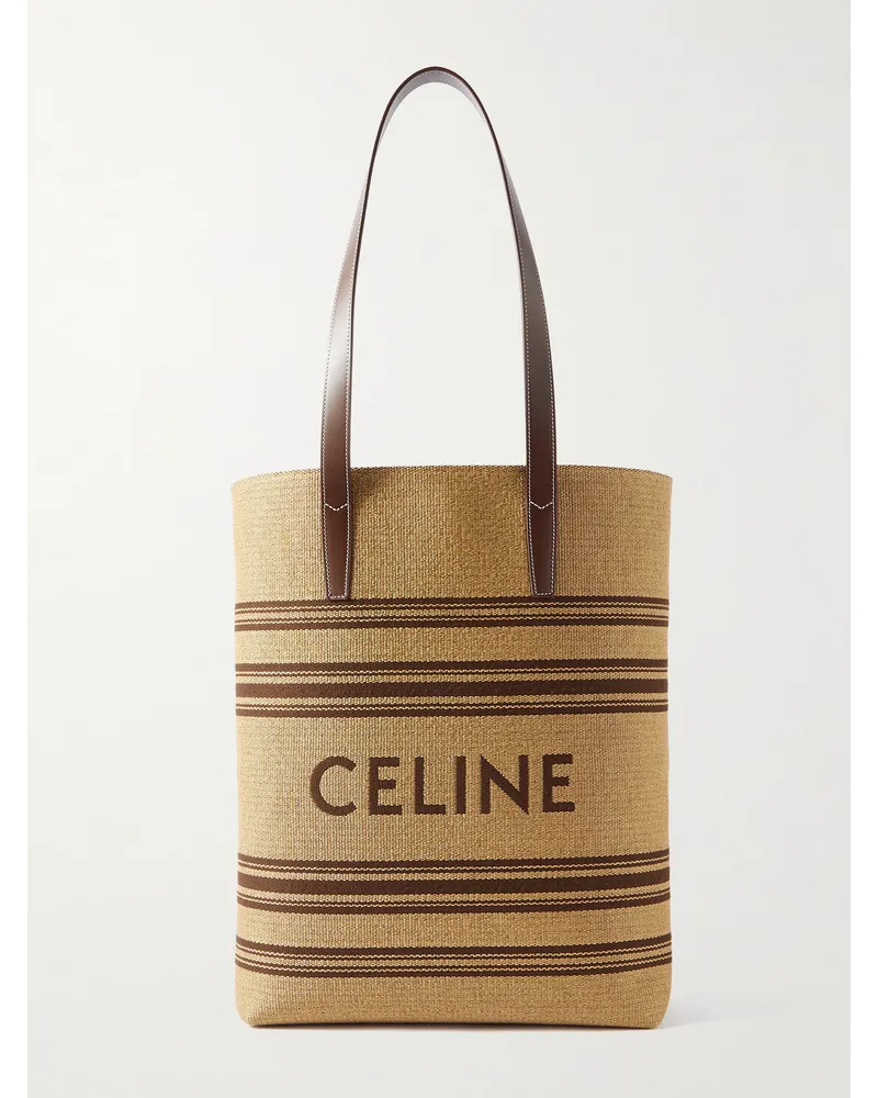 Celine Gestreifte Tote aus Raffiabast mit Lederbesatz und Logostickerei Neutral