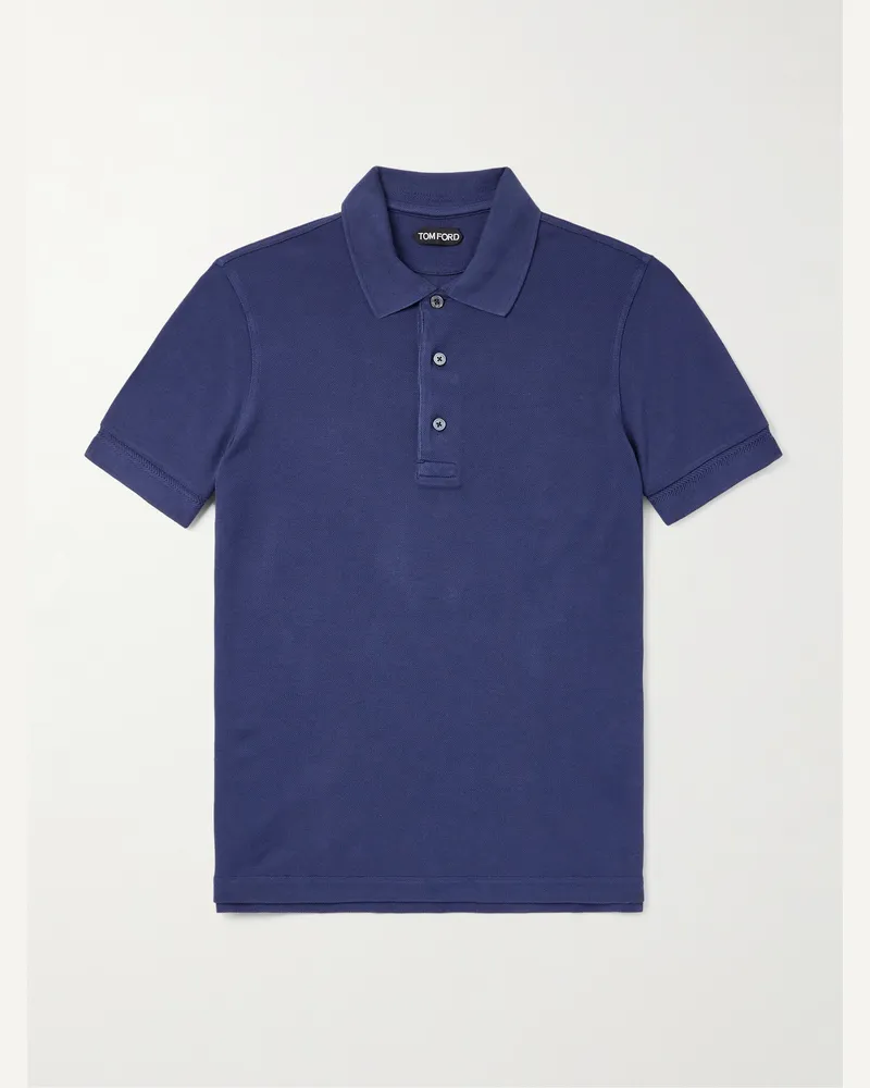 Tom Ford Slim-Fit Lyocell and Cotton-Blend Piqué Polo Shirt Blue
