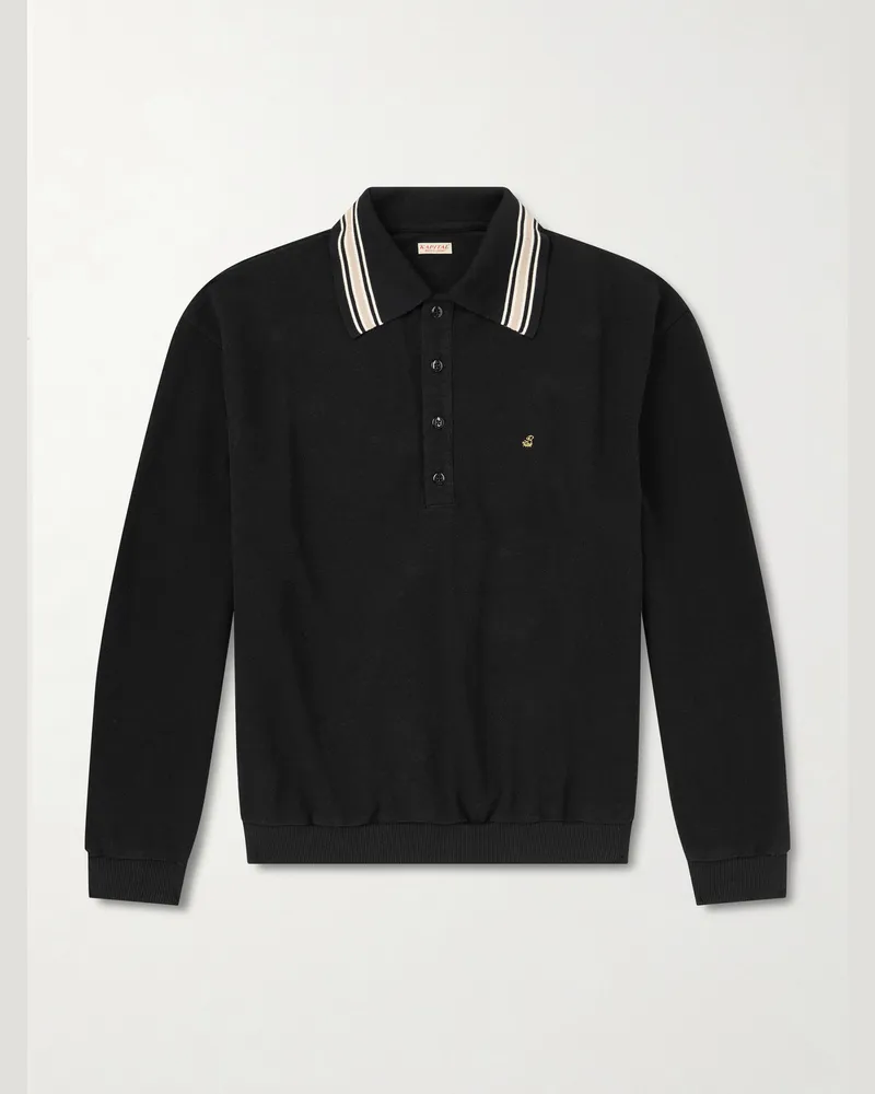 KAPITAL Box Striped Embroidered Cotton-Piqué Polo Shirt Black