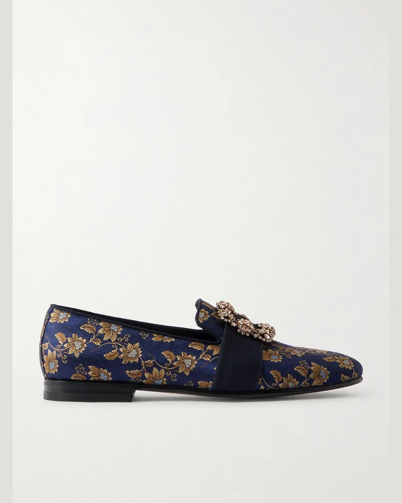 Manolo Blahnik Carlton Crystal-Embellished Floral-Jacquard Loafers Blue