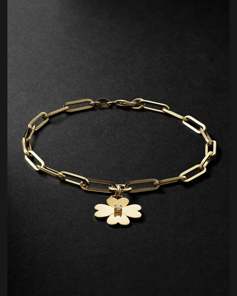 FOUNDRAE Classic Fob Clip Chain Armband und Four Heart Clover Anhänger aus 18 Karat Gold mit Diamant Gold