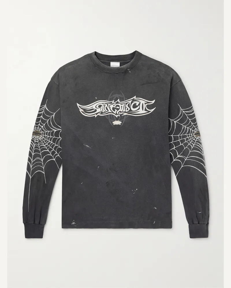 SAINT MXXXXXX TEFLON DISCO Distressed Printed Cotton-Jersey T-Shirt Black