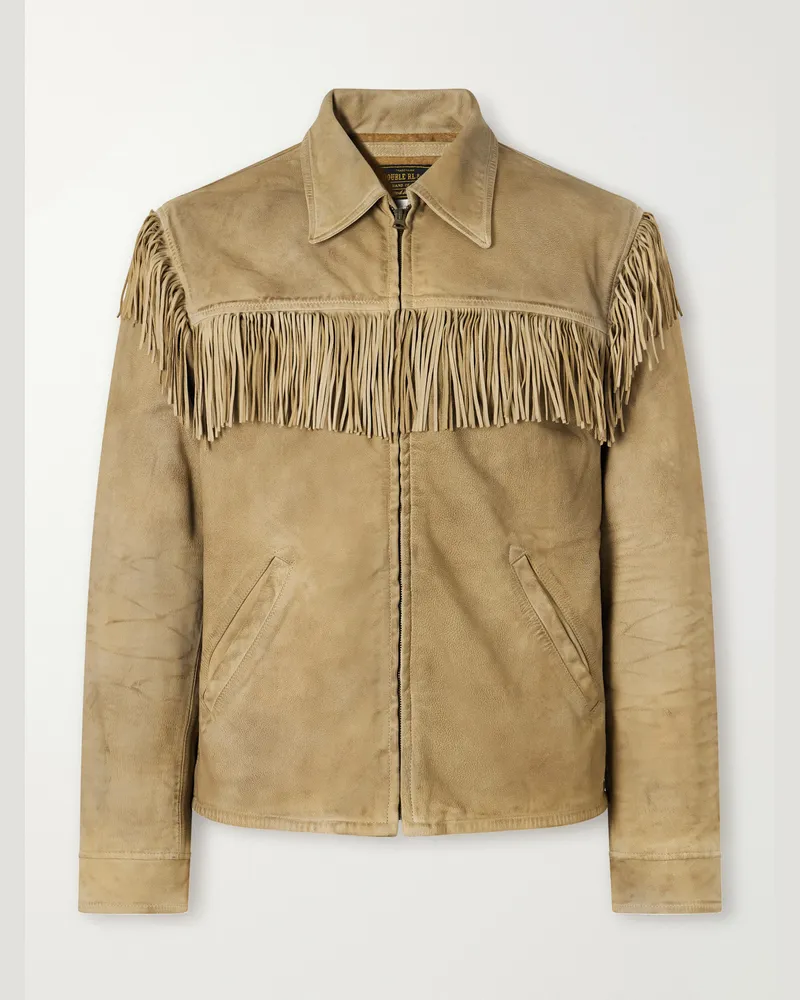 RRL Elkhorn Fringed Suede-Trimmed Leather Jacket Green