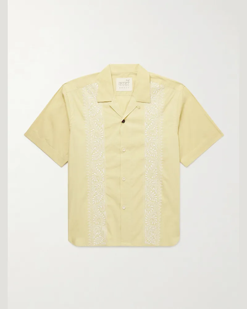 KARDO Ronen Convertible-Collar Embroidered Cotton-Poplin Shirt Yellow