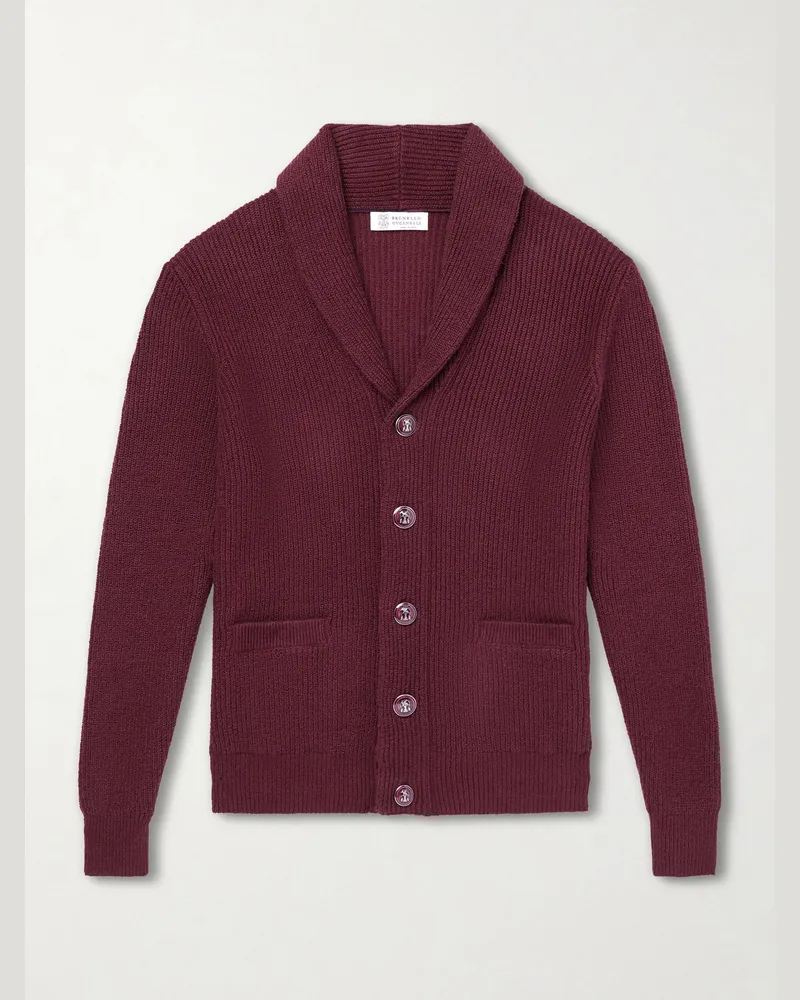 Brunello Cucinelli Shawl-Collar Ribbed Cotton Cardigan Burgundy