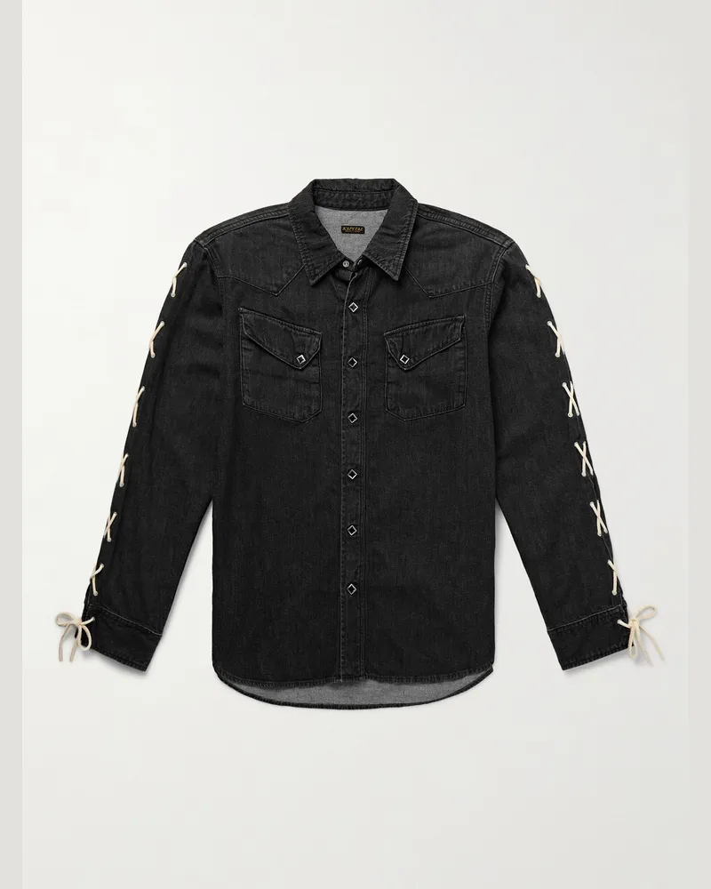 KAPITAL Schmal geschnittenes Jeanshemd mit Schnürdetails und Lederbesatz Schwarz