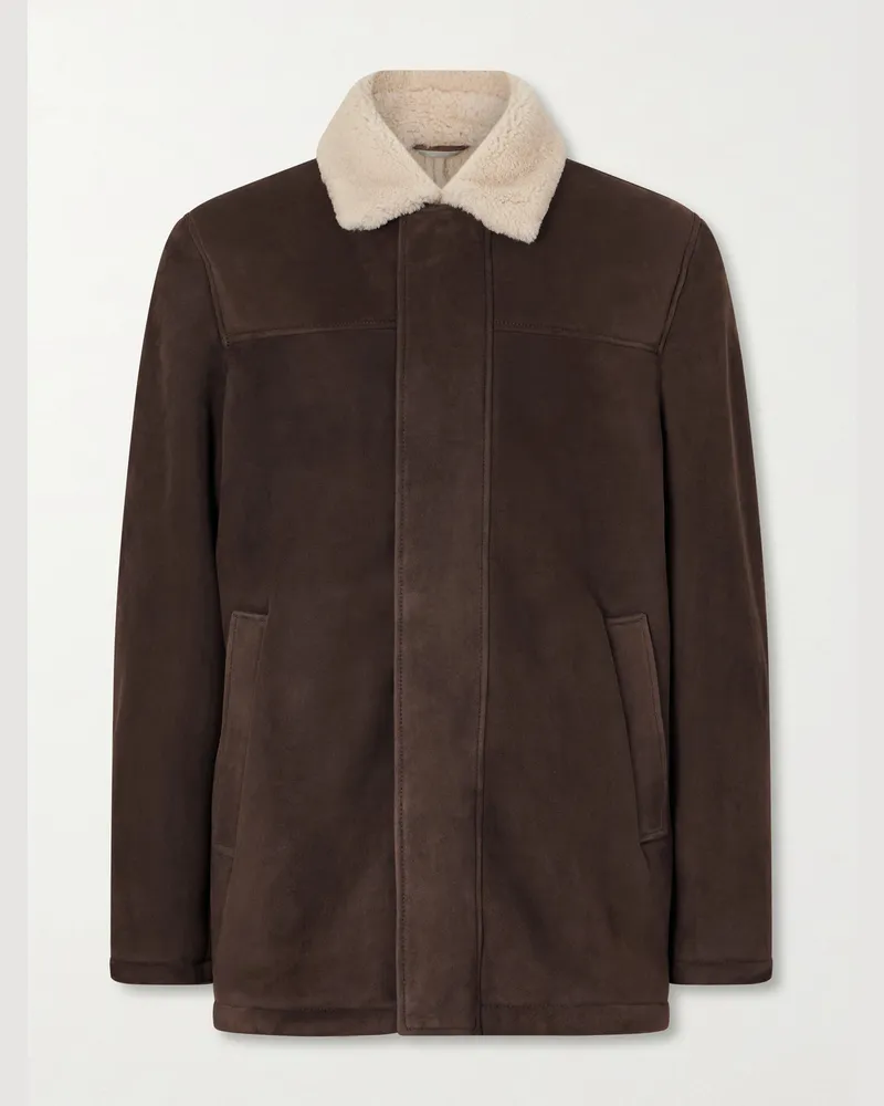 Canali Shearling-Trimmed Suede Jacket Brown