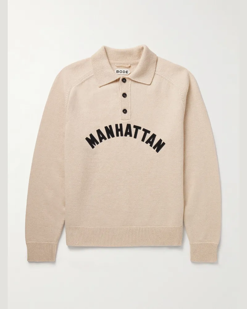 BODE Manhattan Pullover aus Wolle mit Polokragen und Applikation Neutral