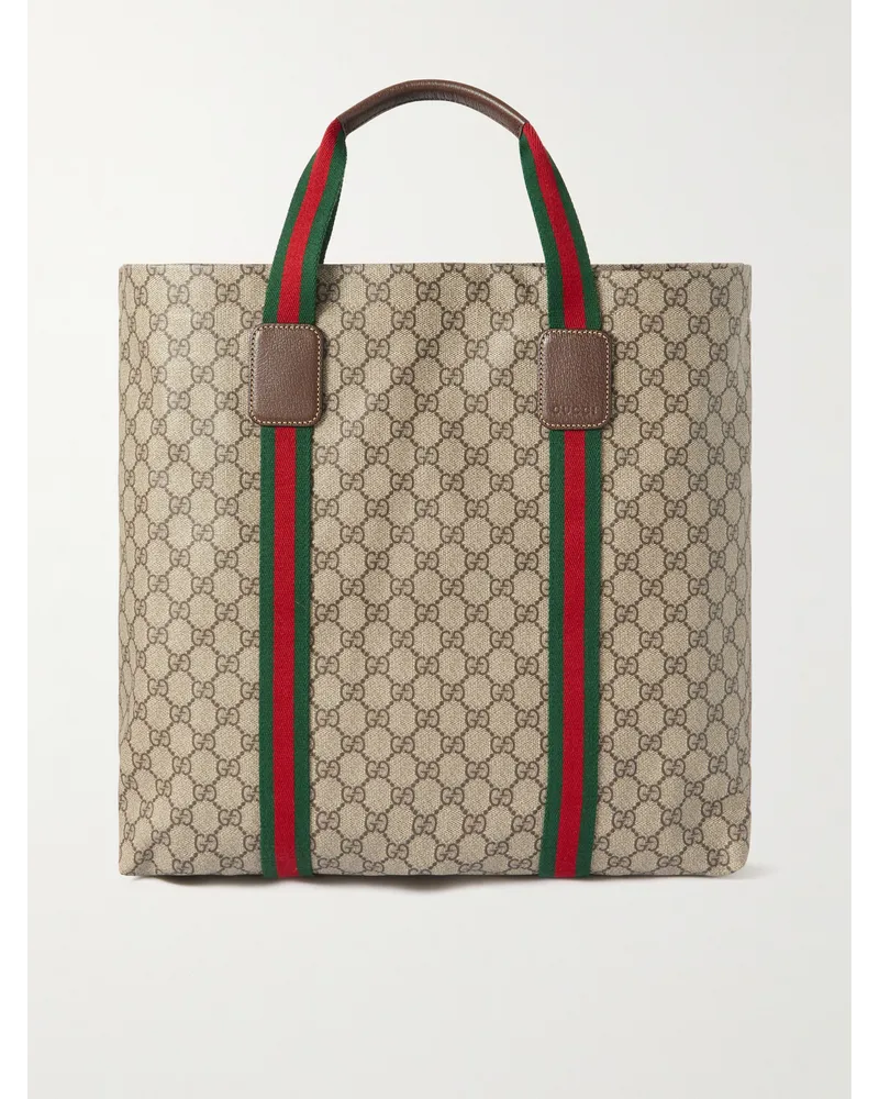 Gucci GG Supreme Tote aus beschichtetem Canvas mit Lederbesatz und Logomuster Braun