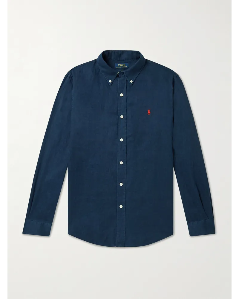 Ralph Lauren Button-Down Collar Logo-Embroidered Linen Shirt Blau