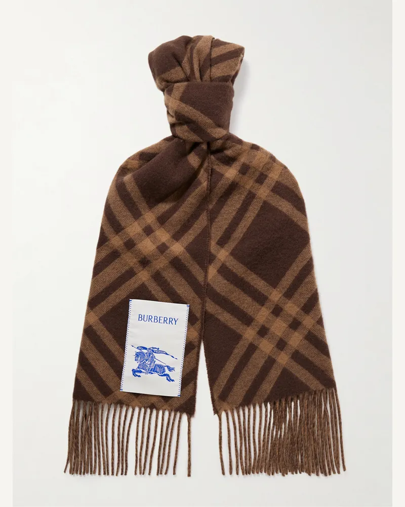 Burberry Karierter Schal aus Kaschmir mit Fransen und Logoapplikation Braun