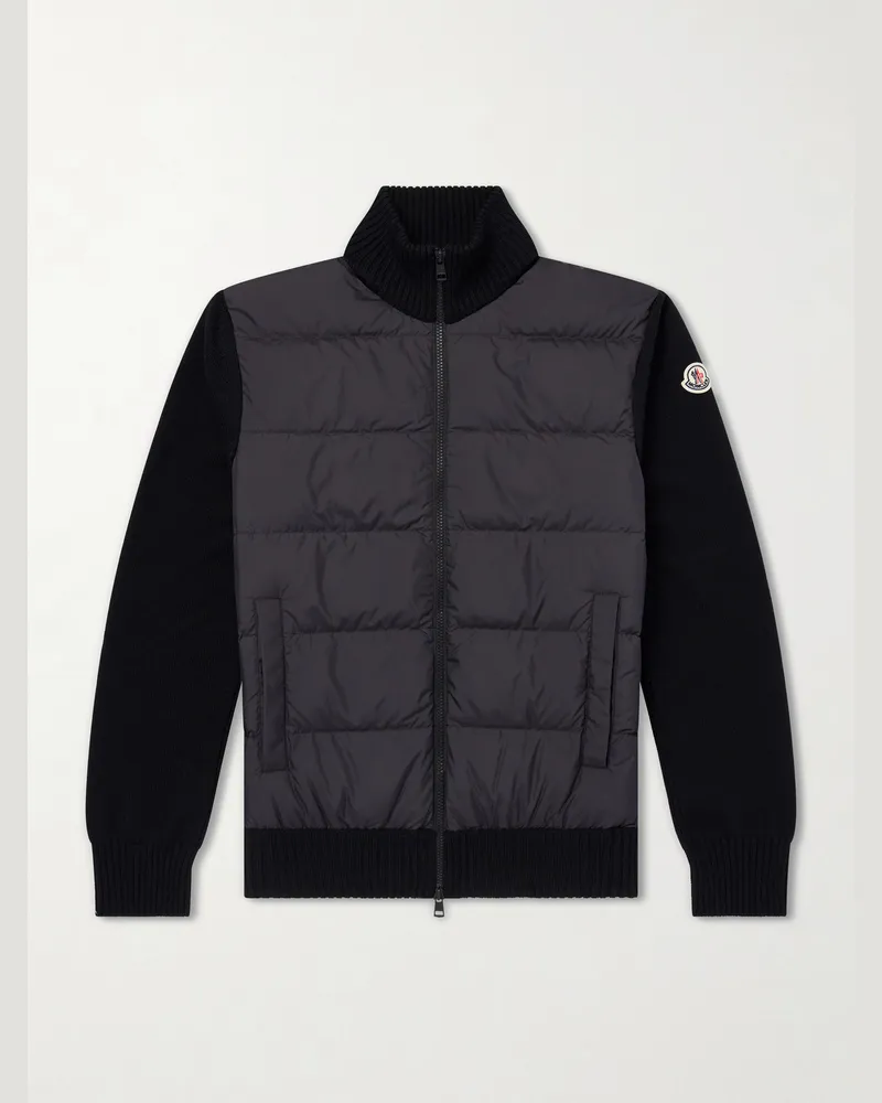 Moncler Panelled Virgin Wool and Quilted Shell Down Zip-Up Cardigan Black
